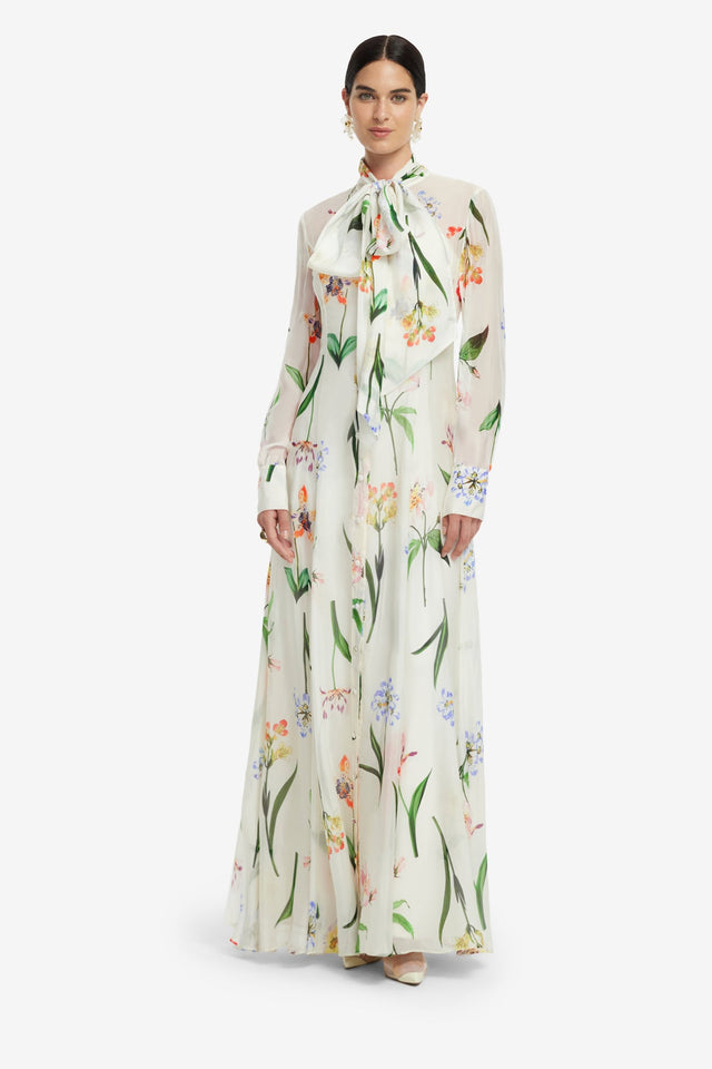 Exclusive LEO LIN Lilith Tie Neck Maxi Dress - Botanical Print in Snow