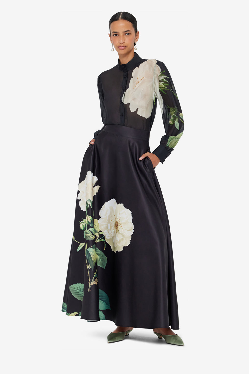 Exclusive LEO LIN Rosalyn Maxi Skirt - White Rose Print