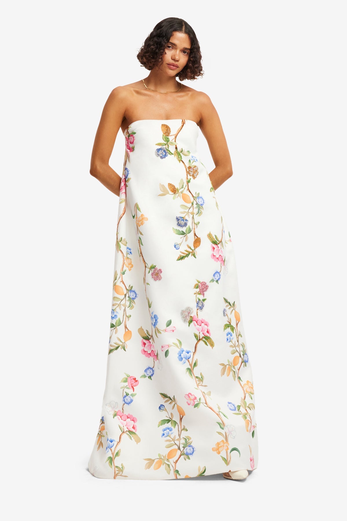 Phoebe Embellished Gown - Lemon Vine Print in Snow – LEO LIN