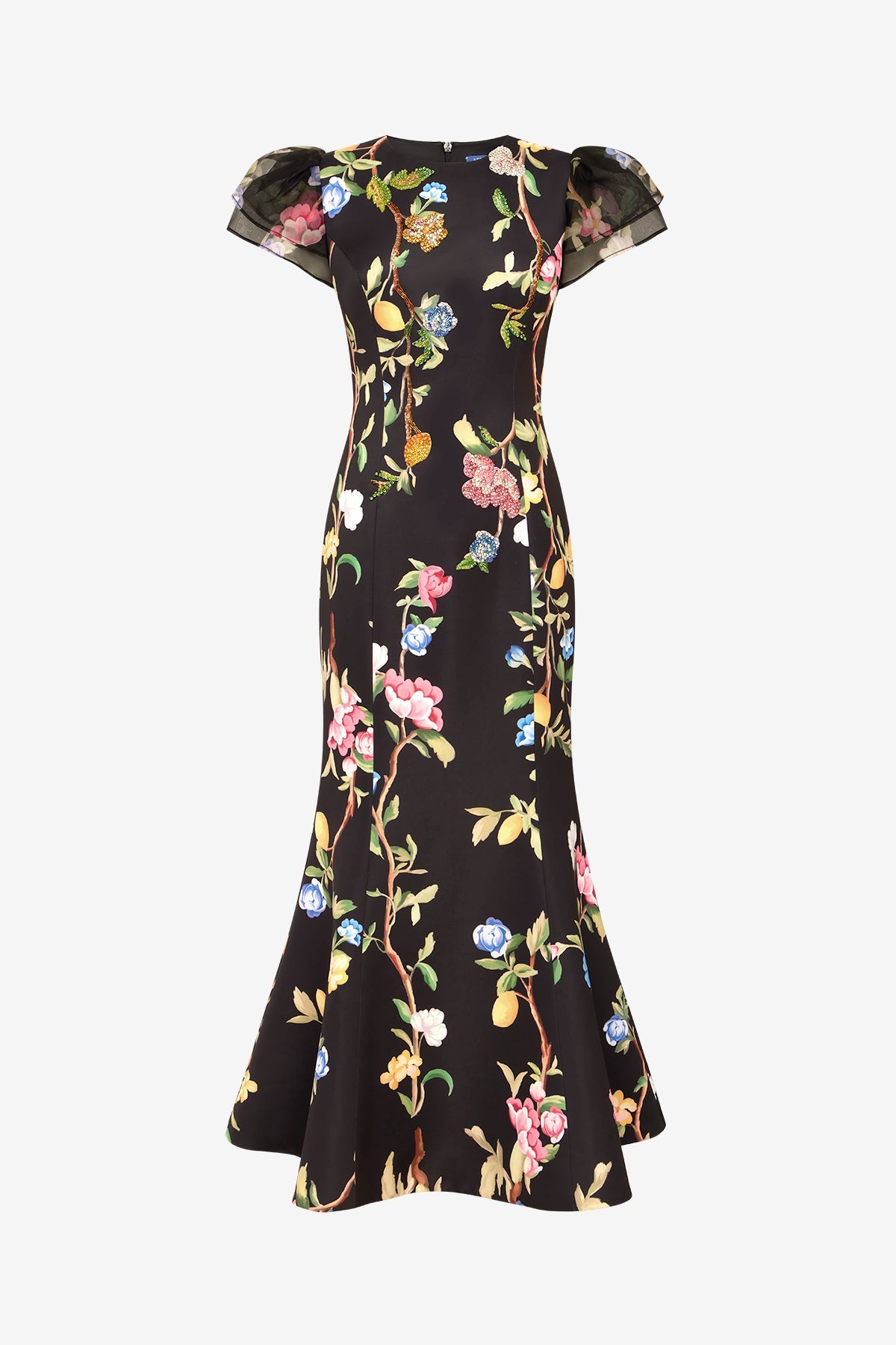 Sofia Embellished Puff Sleeve Maxi Dress - Lemon Vine Print in Ebony