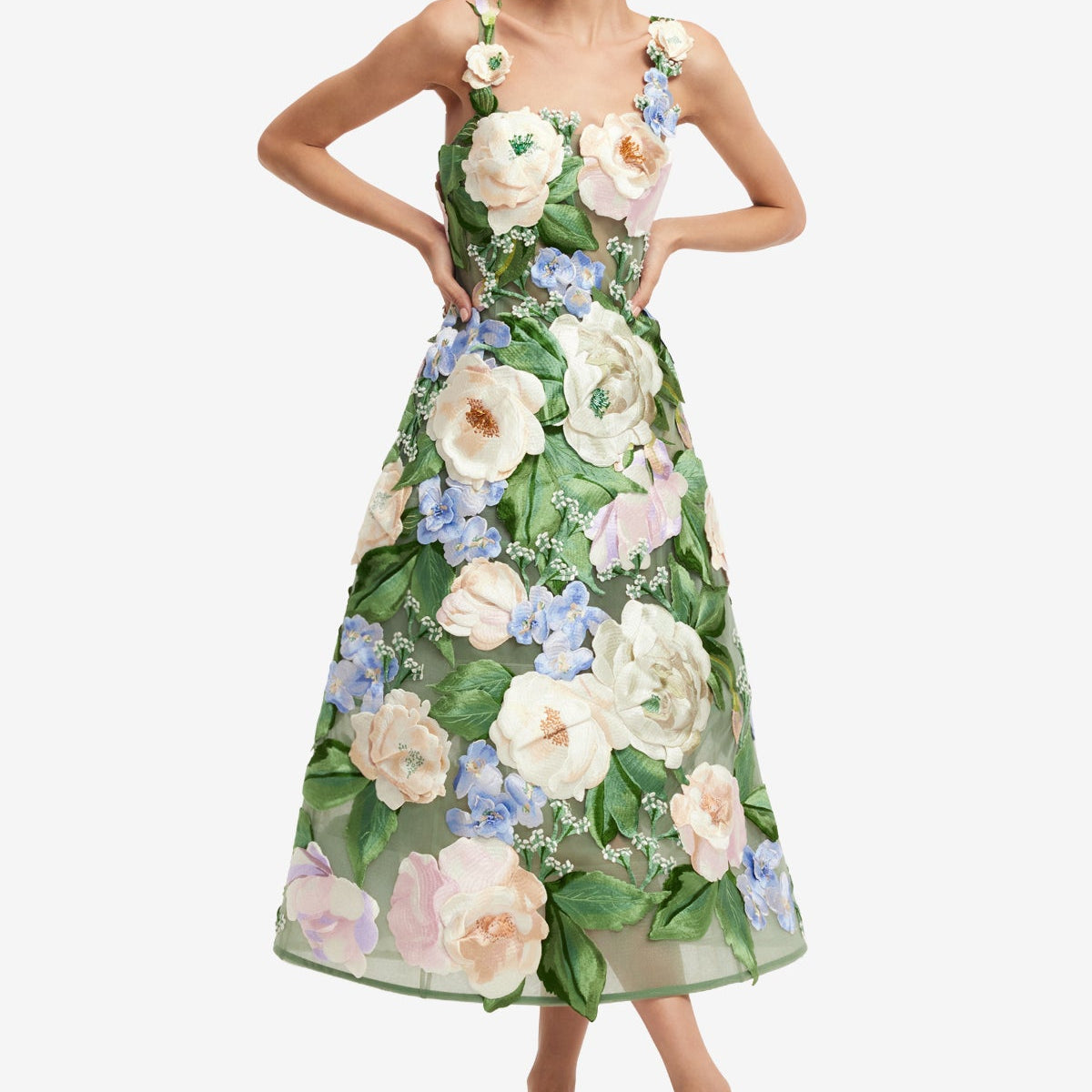 LEO LIN - Beatrice Floral Hand-Embroidered Midi Dress
