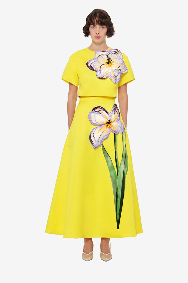 Exclusive LEO LIN Rafaela Appliqué Maxi Skirt - Iris Print in Yellow