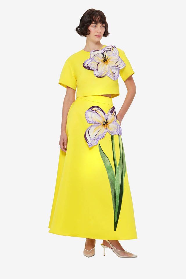 Exclusive LEO LIN Rafaela Appliqué Maxi Skirt - Iris Print in Yellow