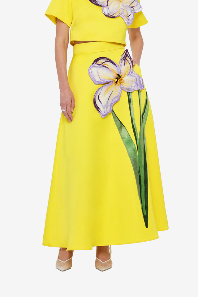 Exclusive LEO LIN Rafaela Appliqué Maxi Skirt - Iris Print in Yellow