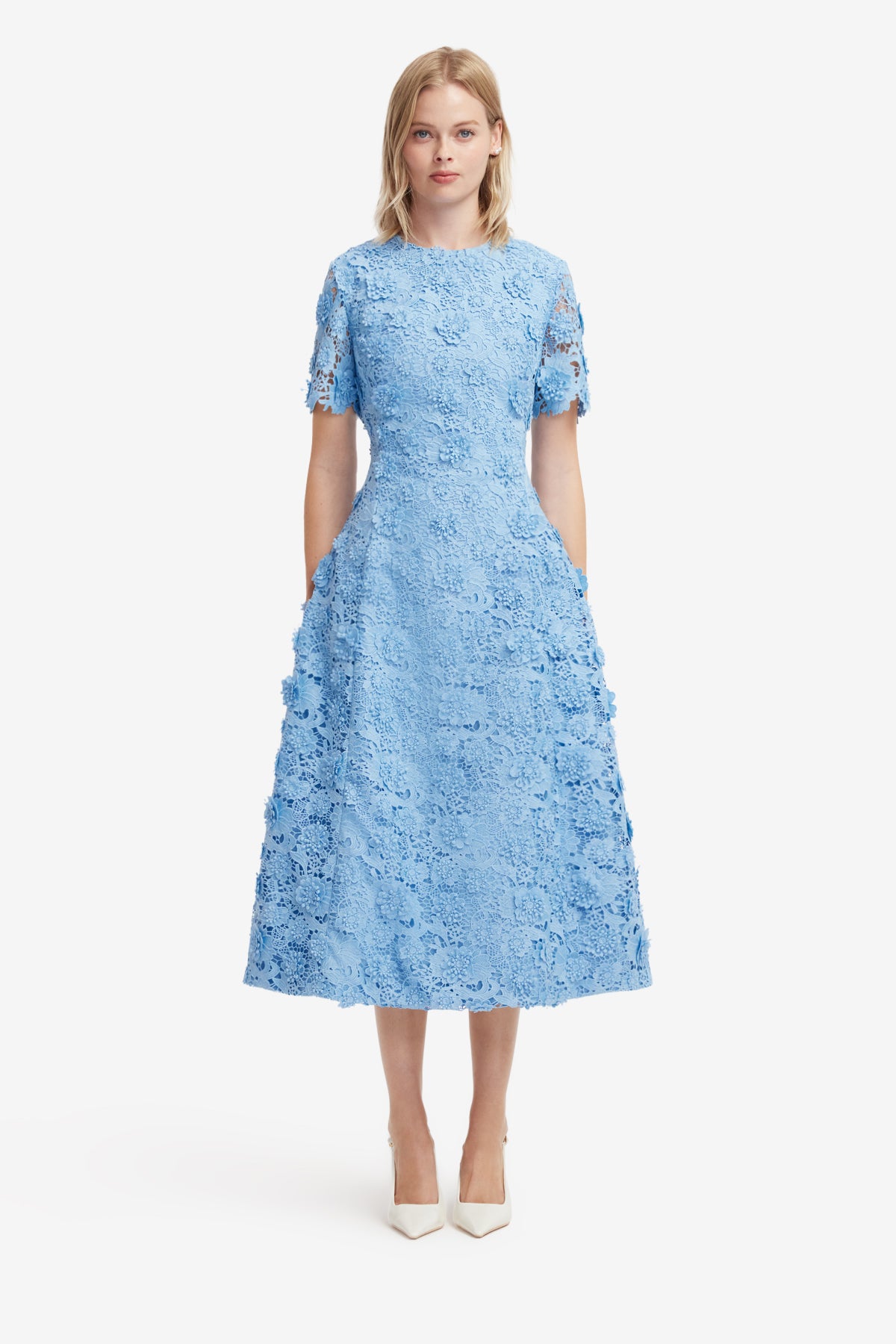 Caroline Lace Short Sleeves Midi Dress - Pastel Blue – LEO LIN