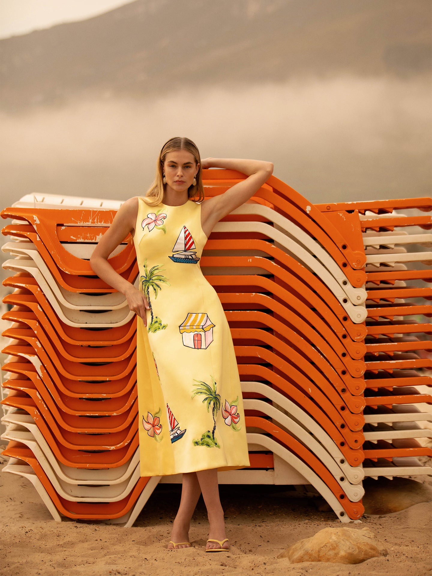 Selina Butterfly Sleeve Midi Dress - Lemon Vine Print in Snow