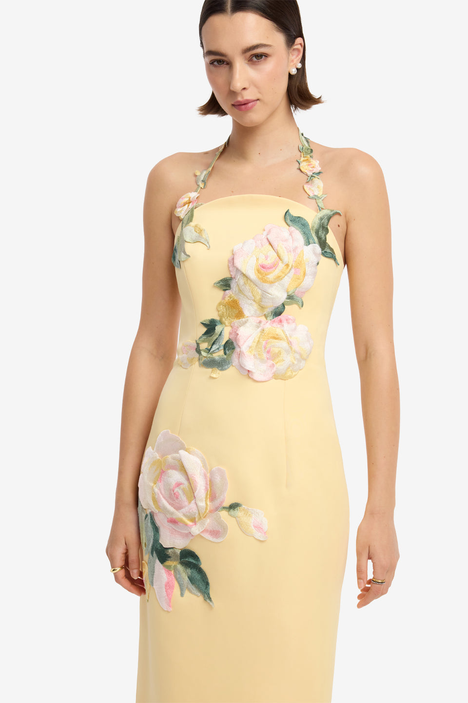 Ava Halterneck Applique Floral Bustier Maxi Dress - Rose Print in Butter Dress Maxi
