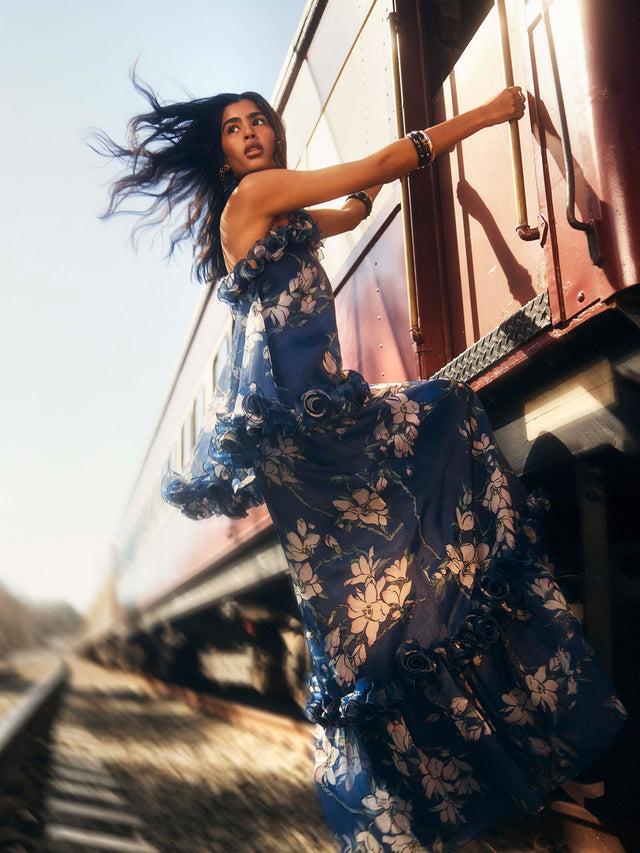 Juliette Halterneck Maxi Dress - Midnight Magnolia Print LEO LIN Juliette Halterneck Maxi Dress - Midnight Magnolia Print LEO LIN