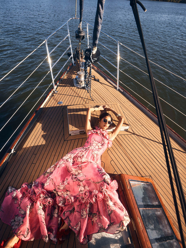 Luminous Linen Mini Dress - Pink Magnolia Print LEO LIN Luminous Linen Mini Dress - Pink Magnolia Print LEO LIN