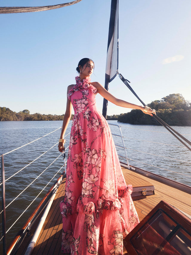 Isabelle Ruffled Halterneck Maxi Dress - Pink Magnolia Print LEO LIN Isabelle Ruffled Halterneck Maxi Dress - Pink Magnolia Print LEO LIN
