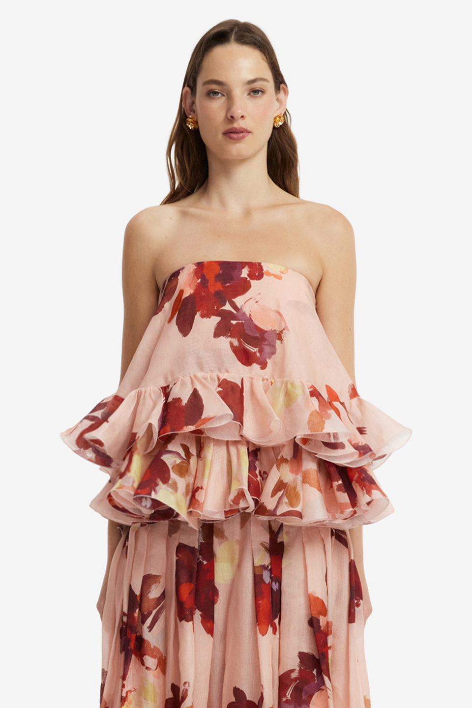 Gia Bustier Ruffled Top - Reverie Print in Nectar Tops