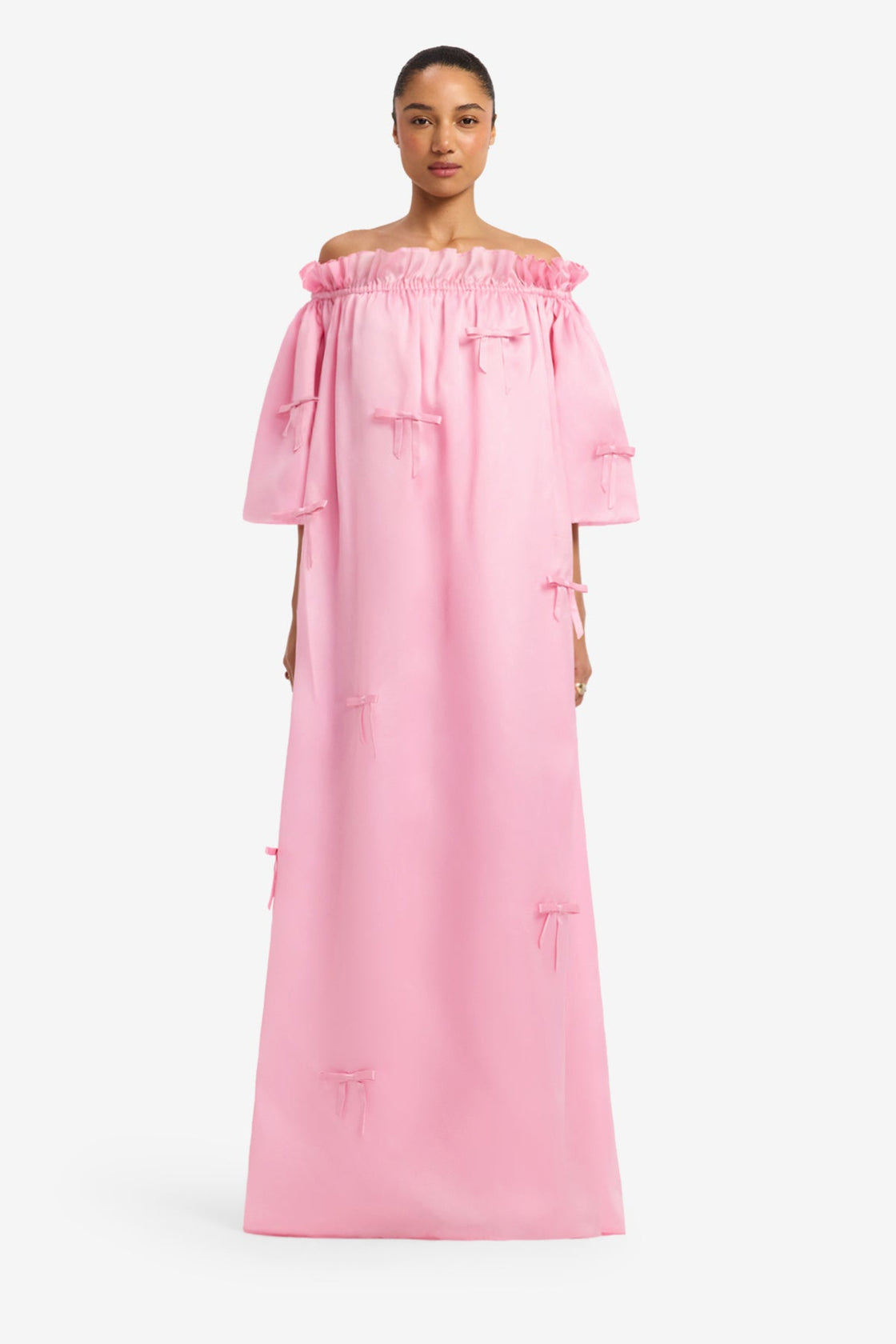 Liana Bow Off Shoulder Maxi Dress - Pink Dress Maxi