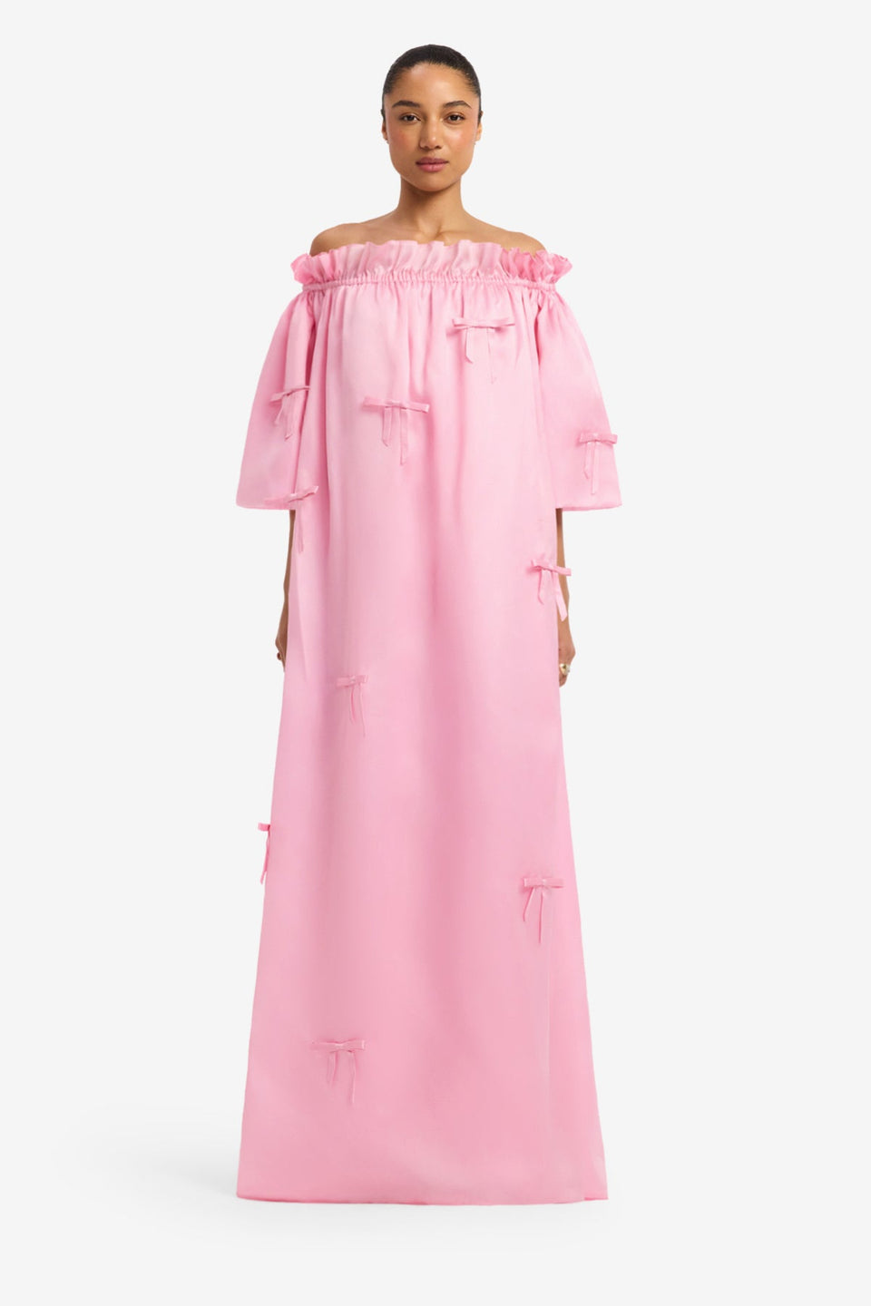 Liana Bow Off Shoulder Maxi Dress - Pink Dress Maxi