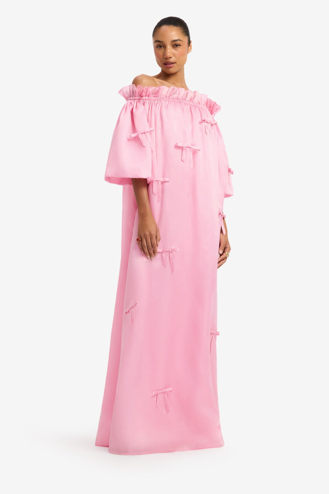Liana Bow Off Shoulder Maxi Dress - Pink Dress Maxi