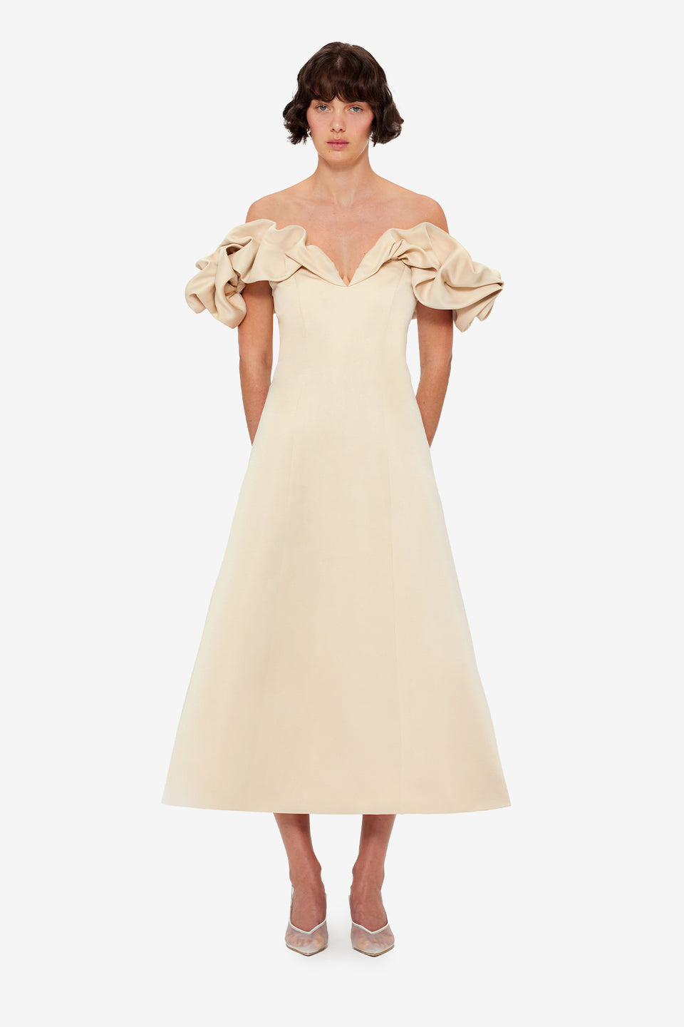 Exclusive LEO LIN Annie Off Shoulder Frill Midi Dress - Champagne