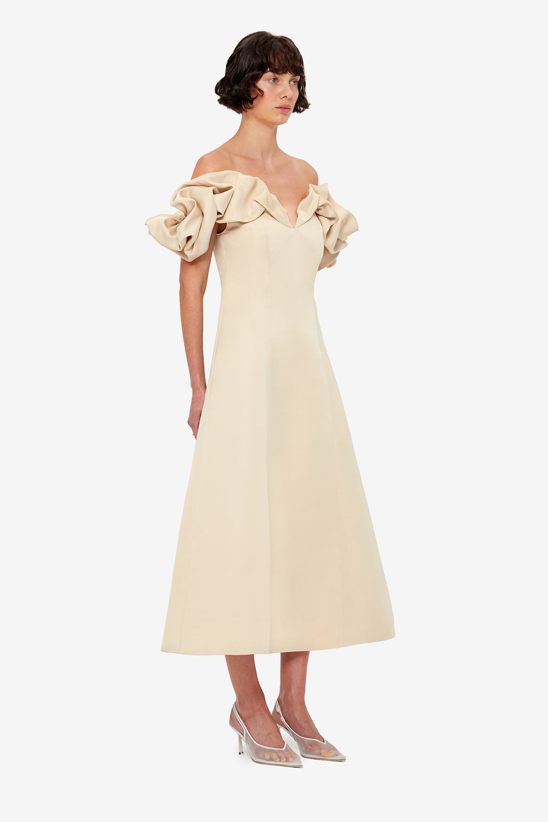 Exclusive LEO LIN Annie Off Shoulder Frill Midi Dress - Champagne