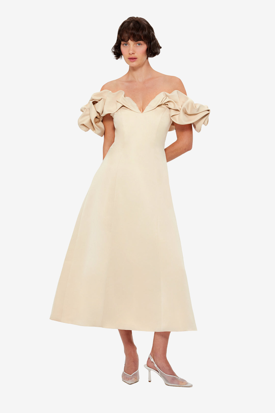 Exclusive LEO LIN Annie Off Shoulder Frill Midi Dress - Champagne