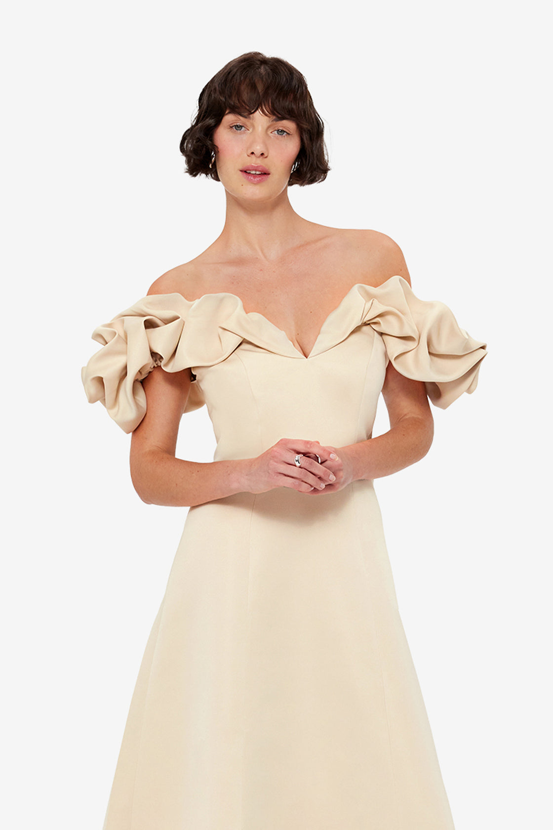 Exclusive LEO LIN Annie Off Shoulder Frill Midi Dress - Champagne