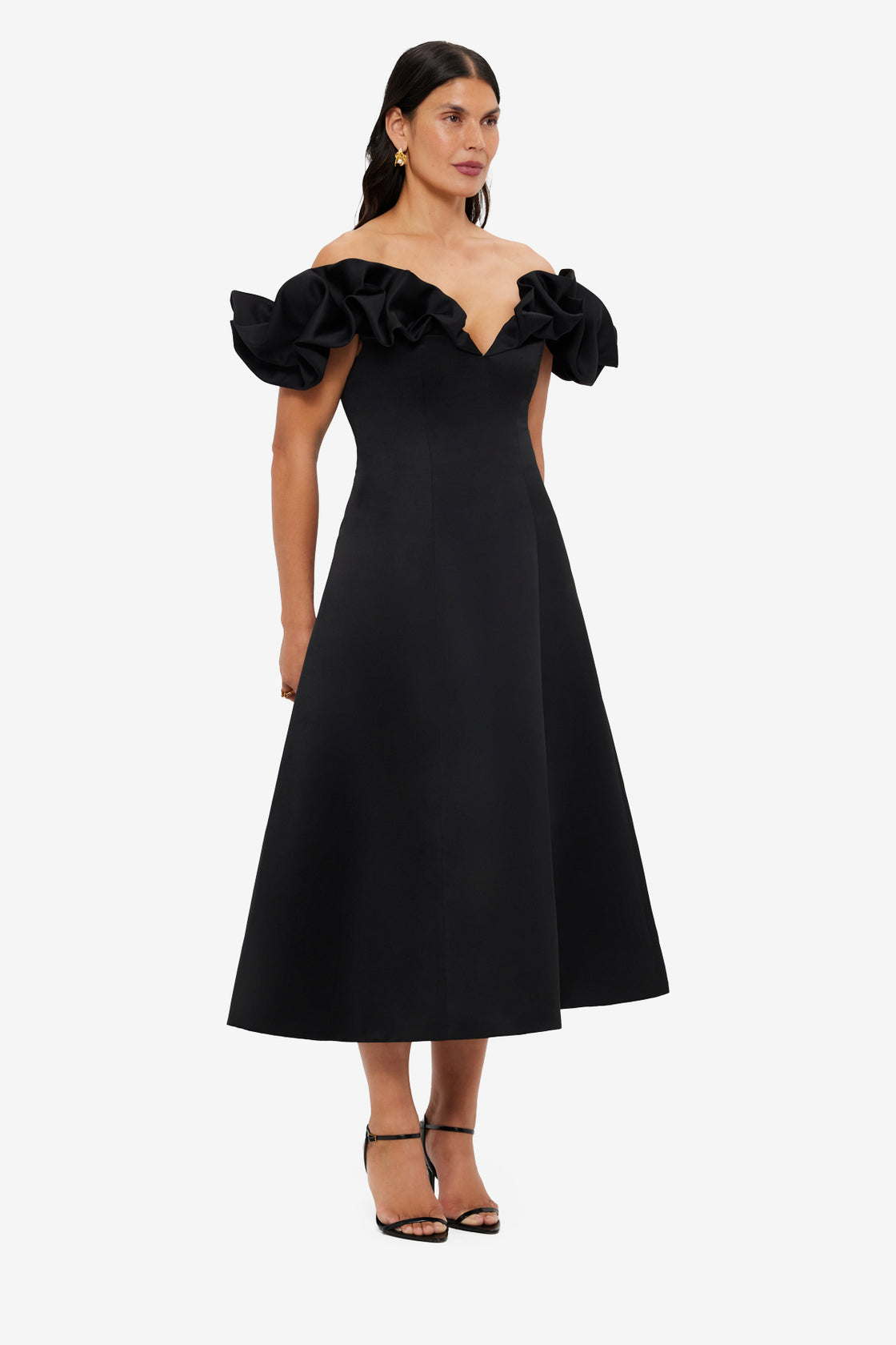 Exclusive LEO LIN Annie Off Shoulder Frill Midi Dress - Ebony