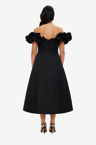 Exclusive LEO LIN Annie Off Shoulder Frill Midi Dress - Ebony