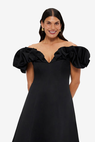 Exclusive LEO LIN Annie Off Shoulder Frill Midi Dress - Ebony
