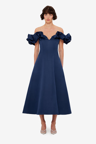 Exclusive LEO LIN Annie Off Shoulder Frill Midi Dress - Navy