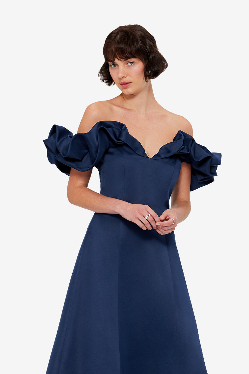 Exclusive LEO LIN Annie Off Shoulder Frill Midi Dress - Navy