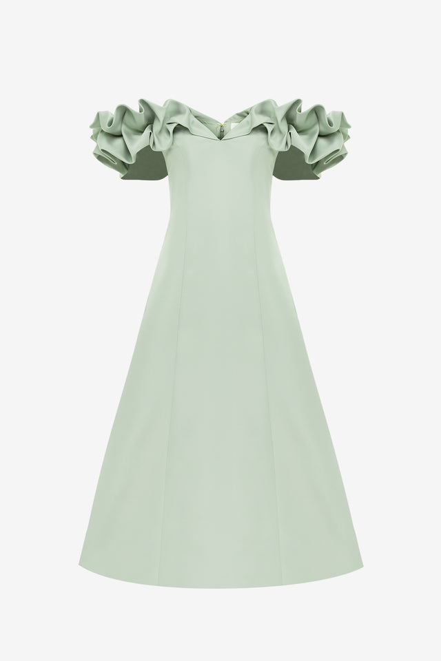 Exclusive LEO LIN Annie Off Shoulder Frill Midi Dress - Sage