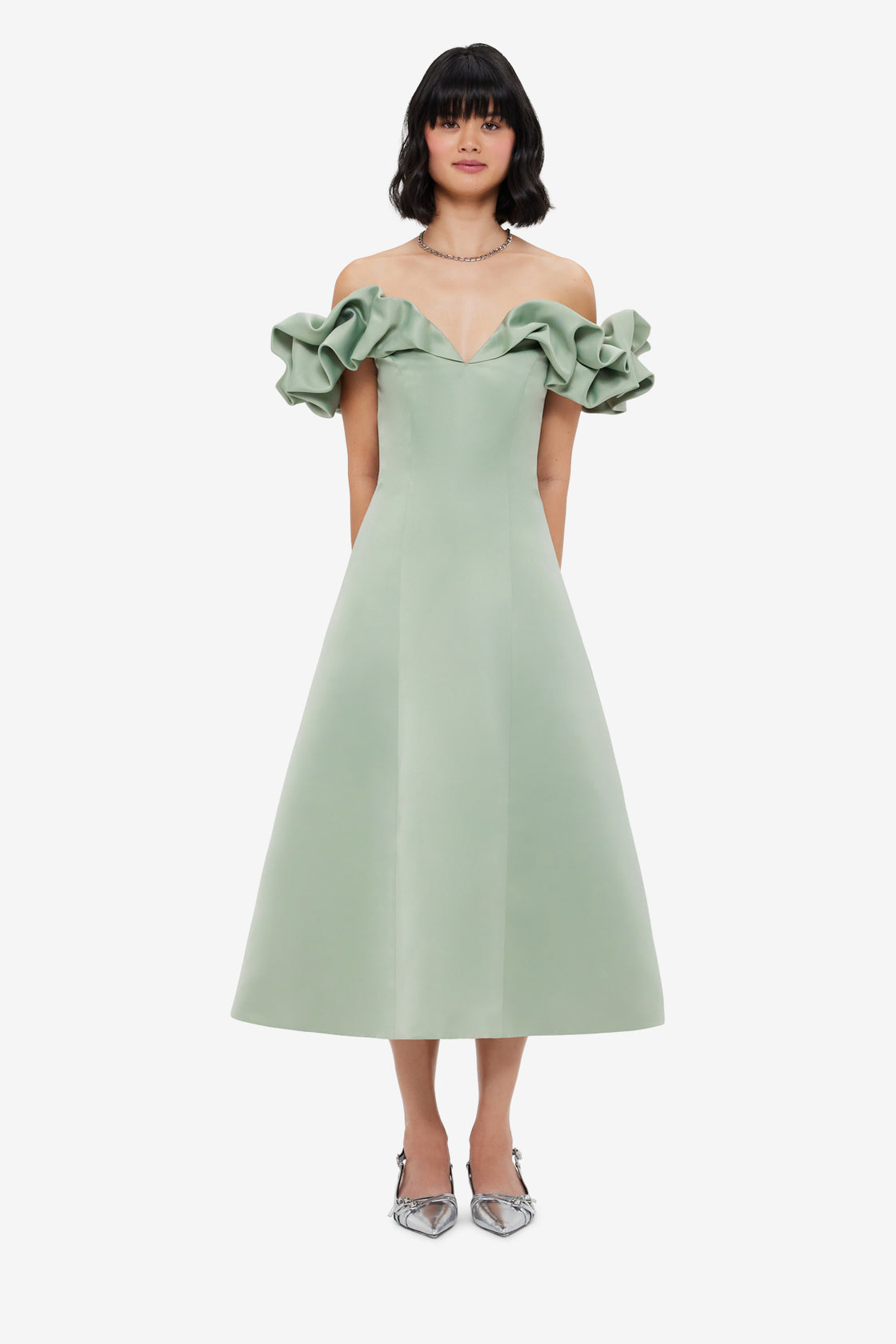 Exclusive LEO LIN Annie Off Shoulder Frill Midi Dress - Sage