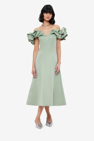 Exclusive LEO LIN Annie Off Shoulder Frill Midi Dress - Sage