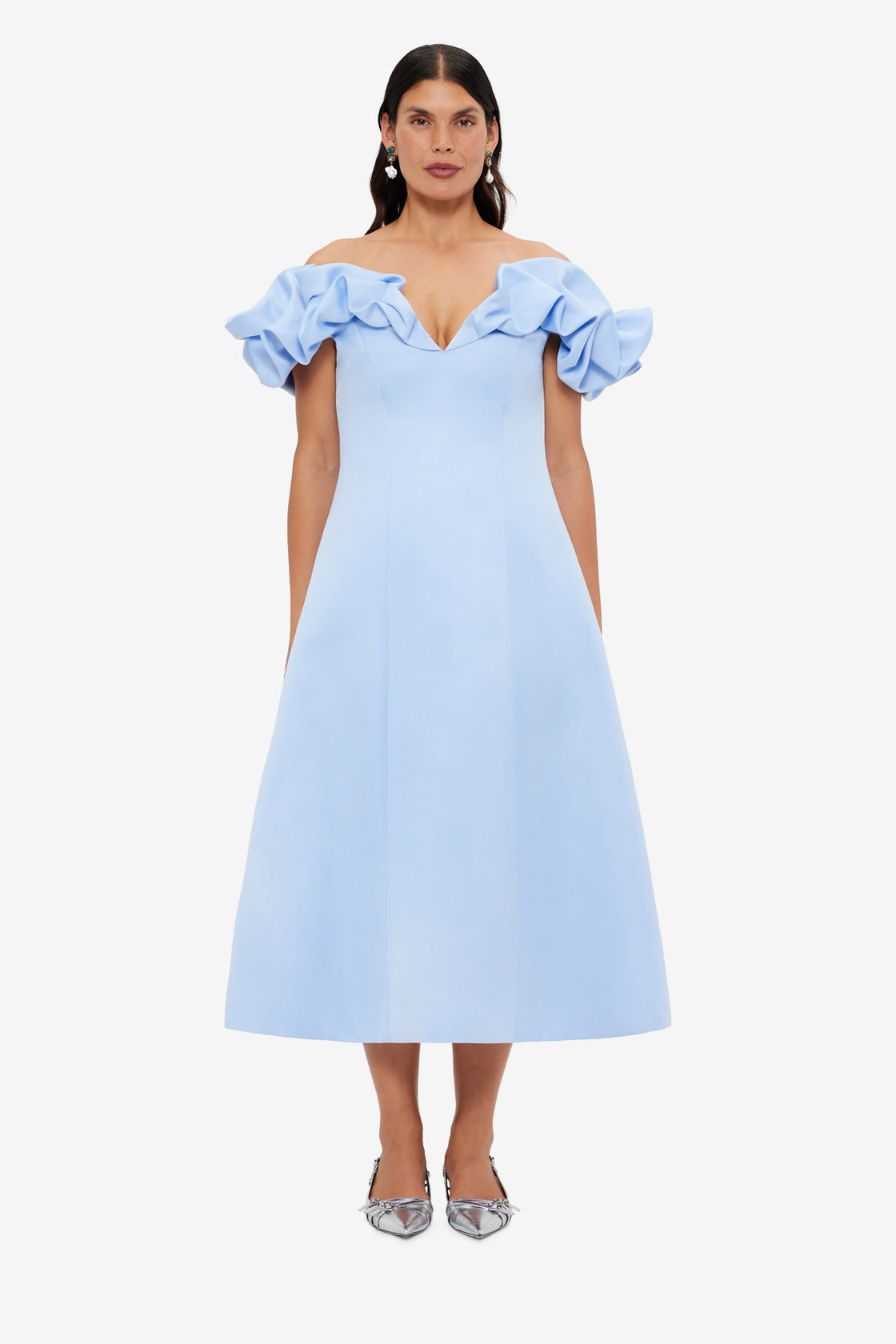 Exclusive LEO LIN Annie Off Shoulder Frill Midi Dress - Sky Blue
