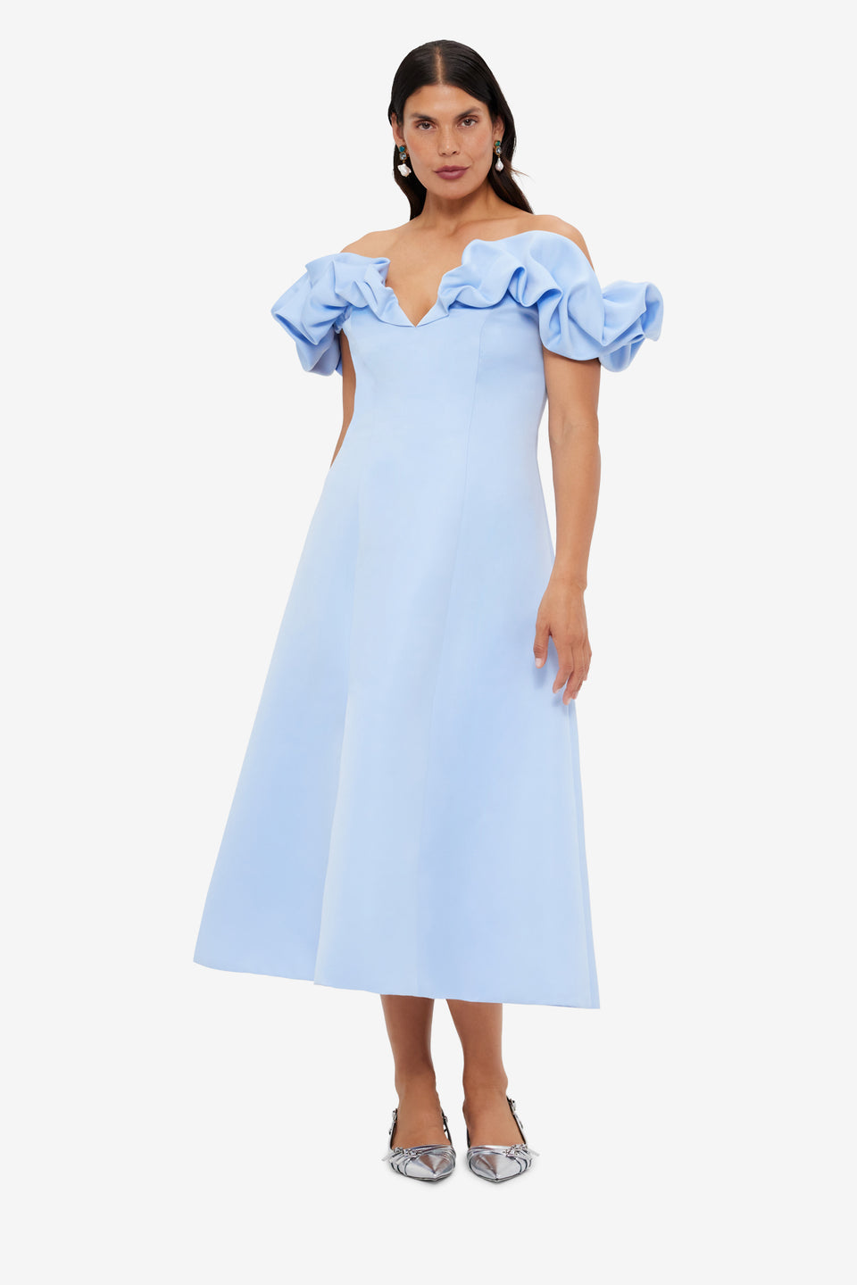 Exclusive LEO LIN Annie Off Shoulder Frill Midi Dress - Sky Blue