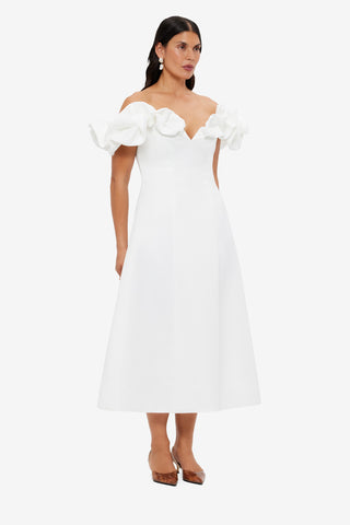Exclusive LEO LIN Annie Off Shoulder Frill Midi Dress - Snow