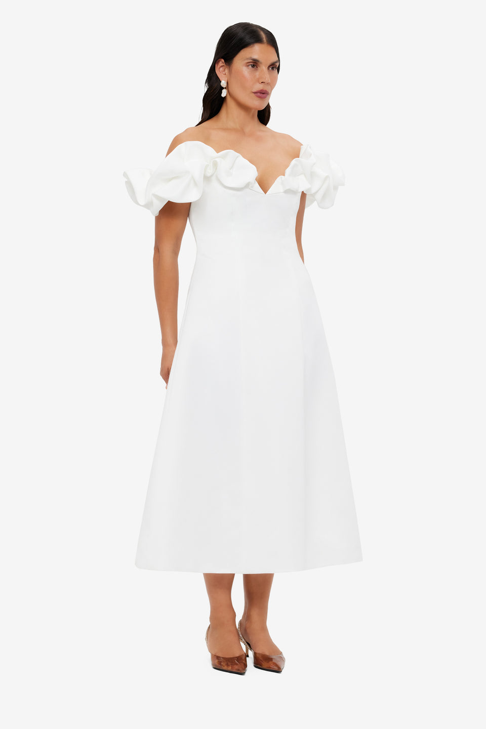 Exclusive LEO LIN Annie Off Shoulder Frill Midi Dress - Snow
