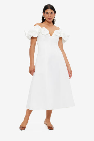 Exclusive LEO LIN Annie Off Shoulder Frill Midi Dress - Snow
