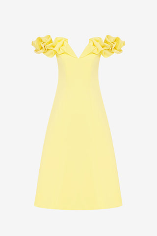 Exclusive LEO LIN Annie Off Shoulder Frill Midi Dress - Sorbet Yellow