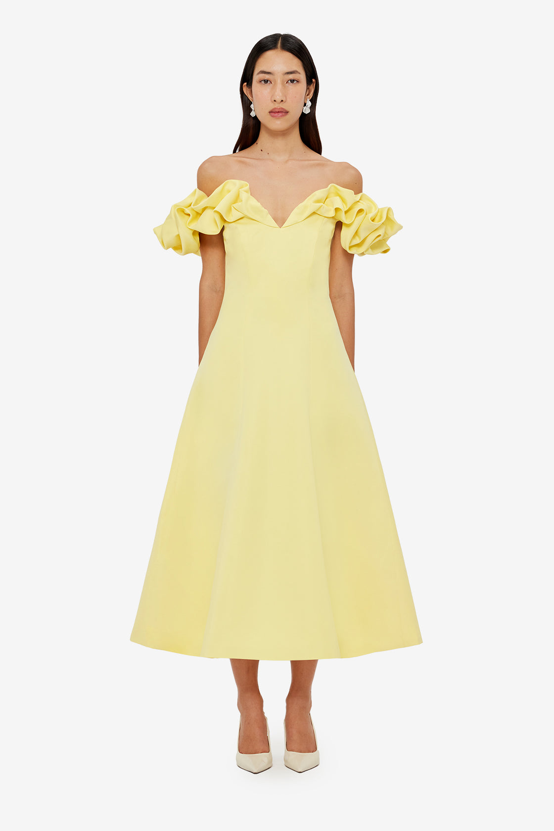 Exclusive LEO LIN Annie Off Shoulder Frill Midi Dress - Sorbet Yellow