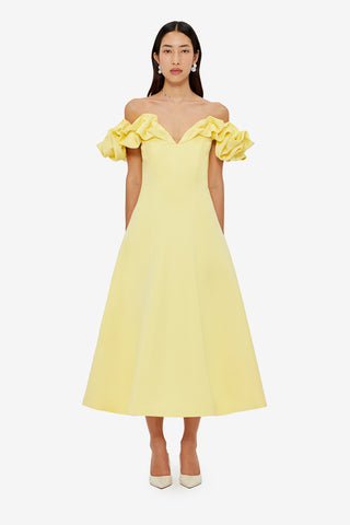 Exclusive LEO LIN Annie Off Shoulder Frill Midi Dress - Sorbet Yellow