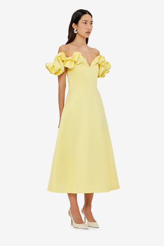 Exclusive LEO LIN Annie Off Shoulder Frill Midi Dress - Sorbet Yellow
