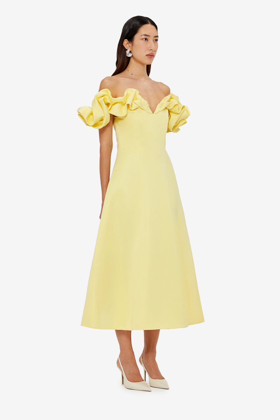 Exclusive LEO LIN Annie Off Shoulder Frill Midi Dress - Sorbet Yellow