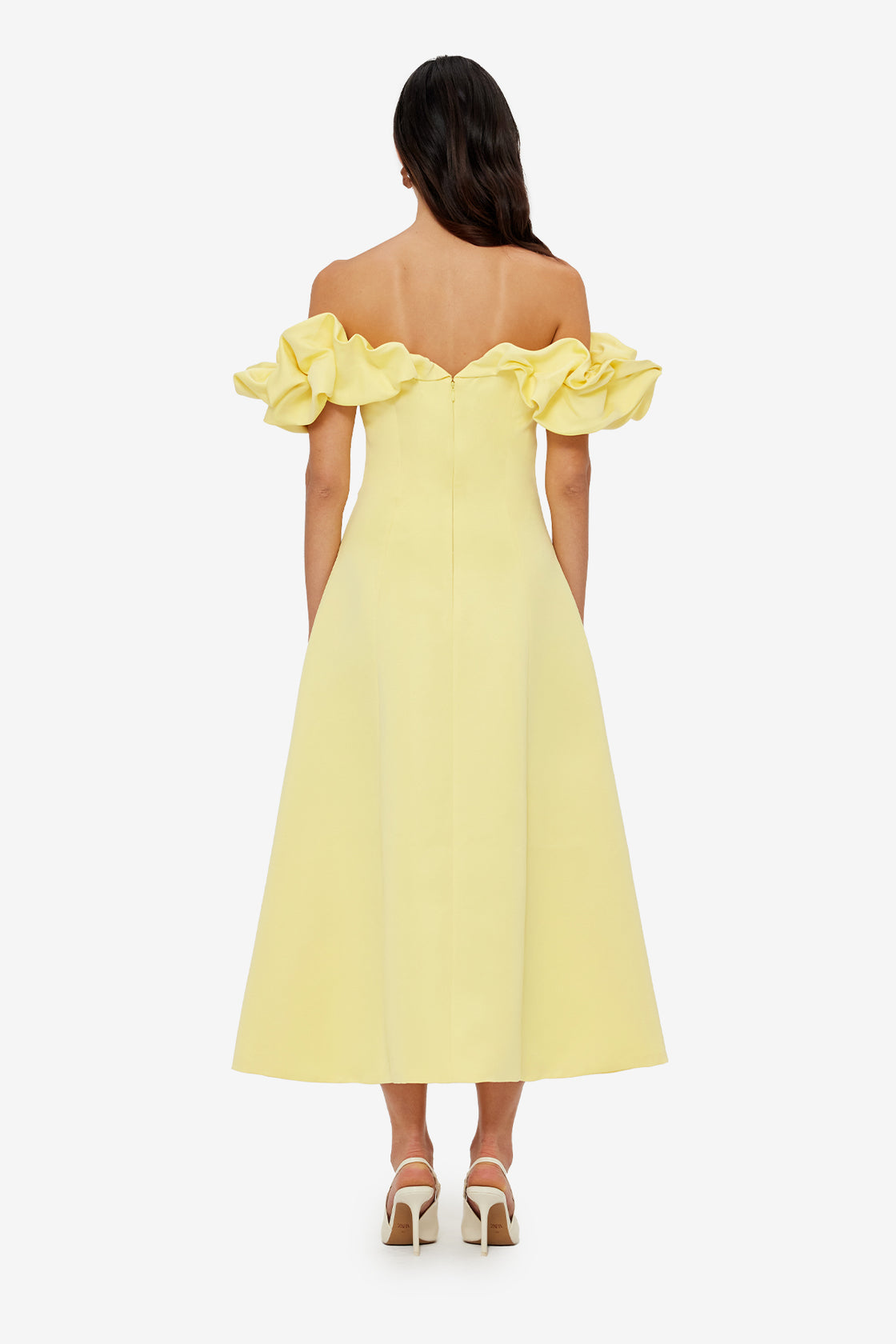 Exclusive LEO LIN Annie Off Shoulder Frill Midi Dress - Sorbet Yellow