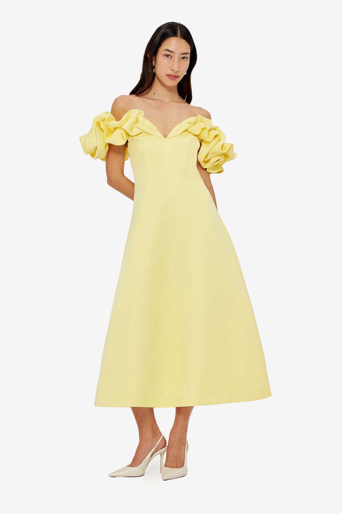Exclusive LEO LIN Annie Off Shoulder Frill Midi Dress - Sorbet Yellow