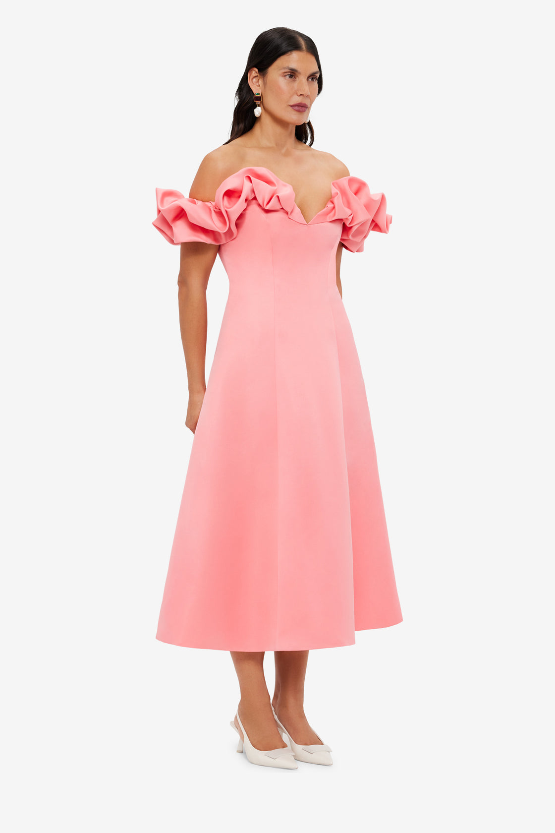 Exclusive LEO LIN Annie Off Shoulder Frill Midi Dress - Strawberry Pink
