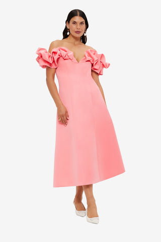 Exclusive LEO LIN Annie Off Shoulder Frill Midi Dress - Strawberry Pink