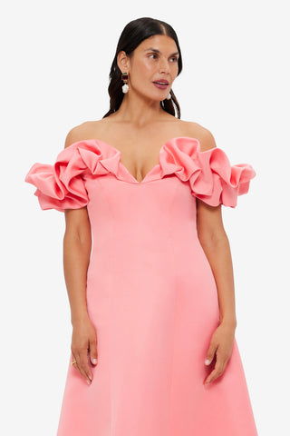 Exclusive LEO LIN Annie Off Shoulder Frill Midi Dress - Strawberry Pink