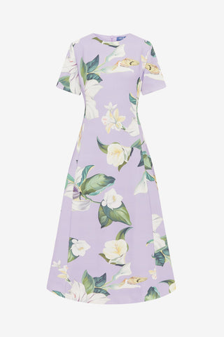 Exclusive LEO LIN Caroline Short Sleeve Midi Dress - Lily Blossom Print in Lilac
