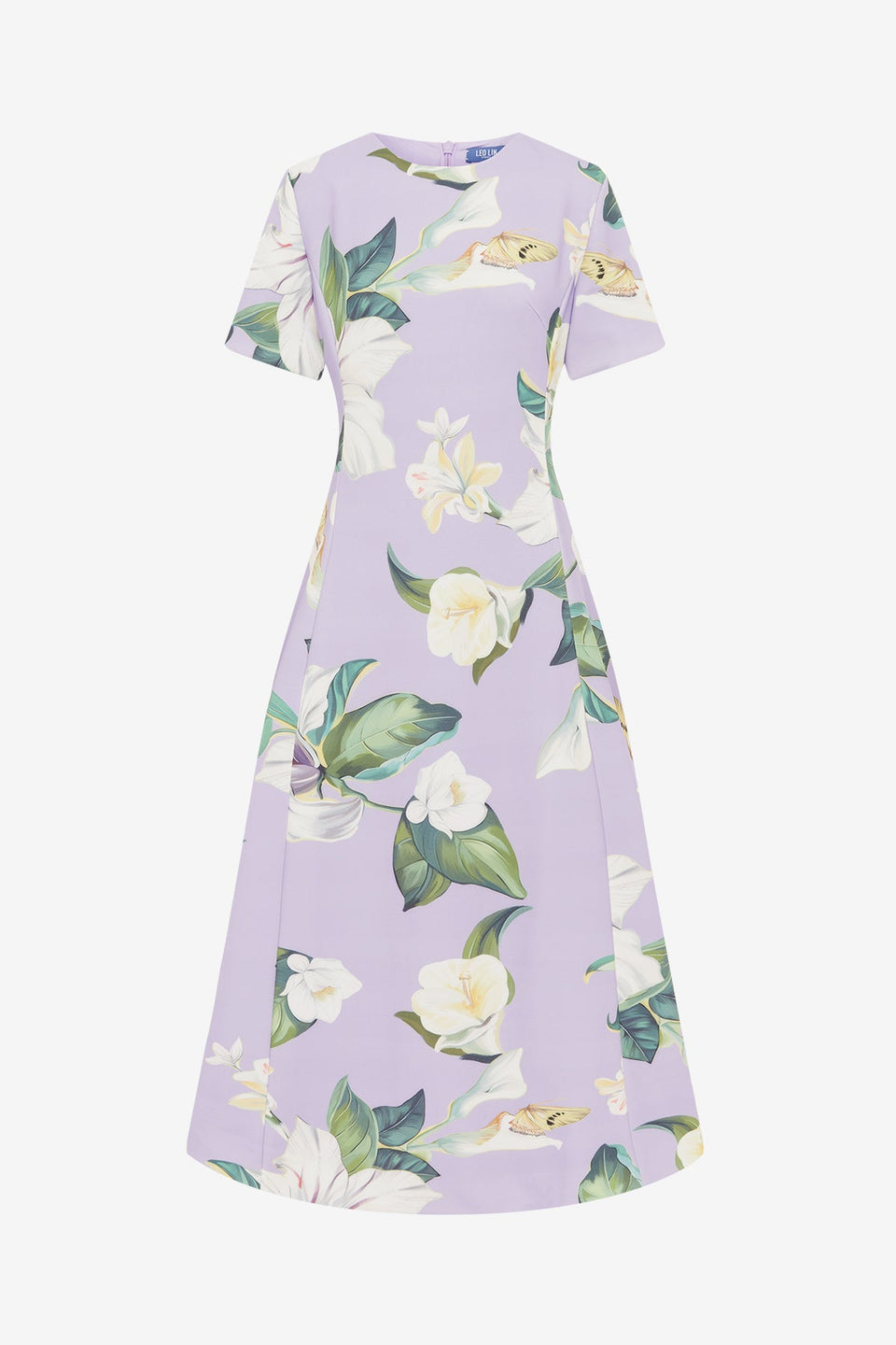Exclusive LEO LIN Caroline Short Sleeve Midi Dress - Lily Blossom Print in Lilac