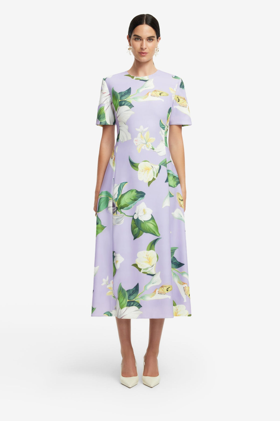 Exclusive LEO LIN Caroline Short Sleeve Midi Dress - Lily Blossom Print in Lilac