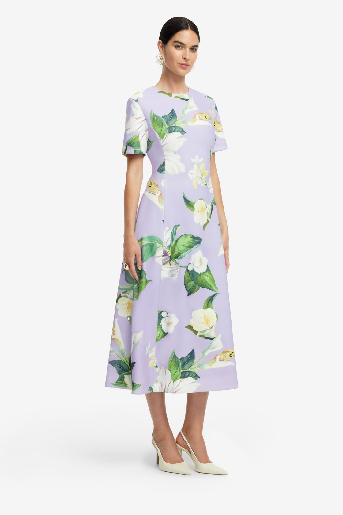 Exclusive LEO LIN Caroline Short Sleeve Midi Dress - Lily Blossom Print in Lilac