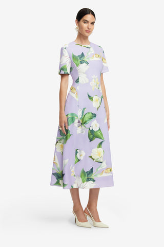 Exclusive LEO LIN Caroline Short Sleeve Midi Dress - Lily Blossom Print in Lilac